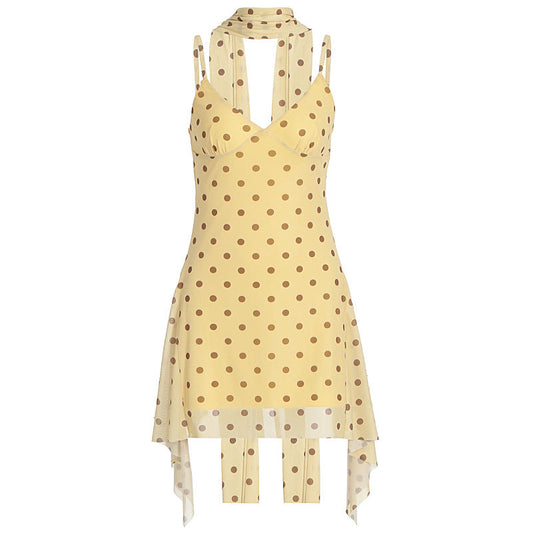 Cami Dress Elegant Halter Ribbon Polka Dot Dress
