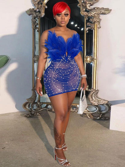 Sexy Feathers Rhinestones Backless Diamond Sheer Mesh Bodycon Dress