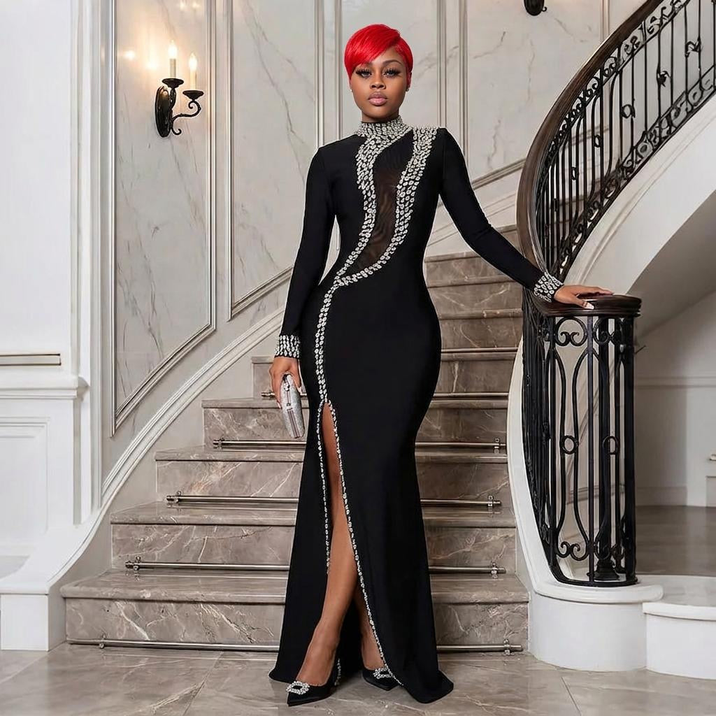 High Collar Long-Sleeved Dress Split Rhinestone