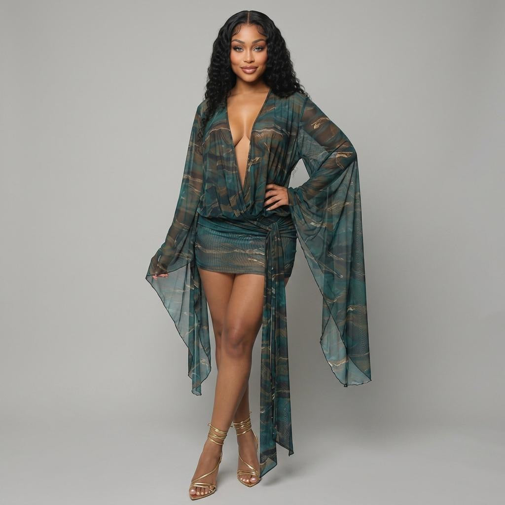 Sexy Mesh Deep V Plunge Neck Slim Mini Dress