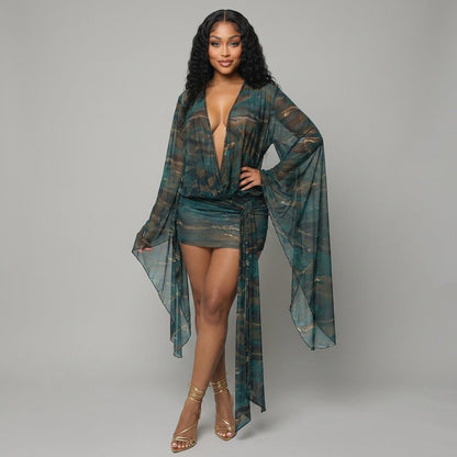 Sexy Mesh Deep V Plunge Neck Slim Mini Dress