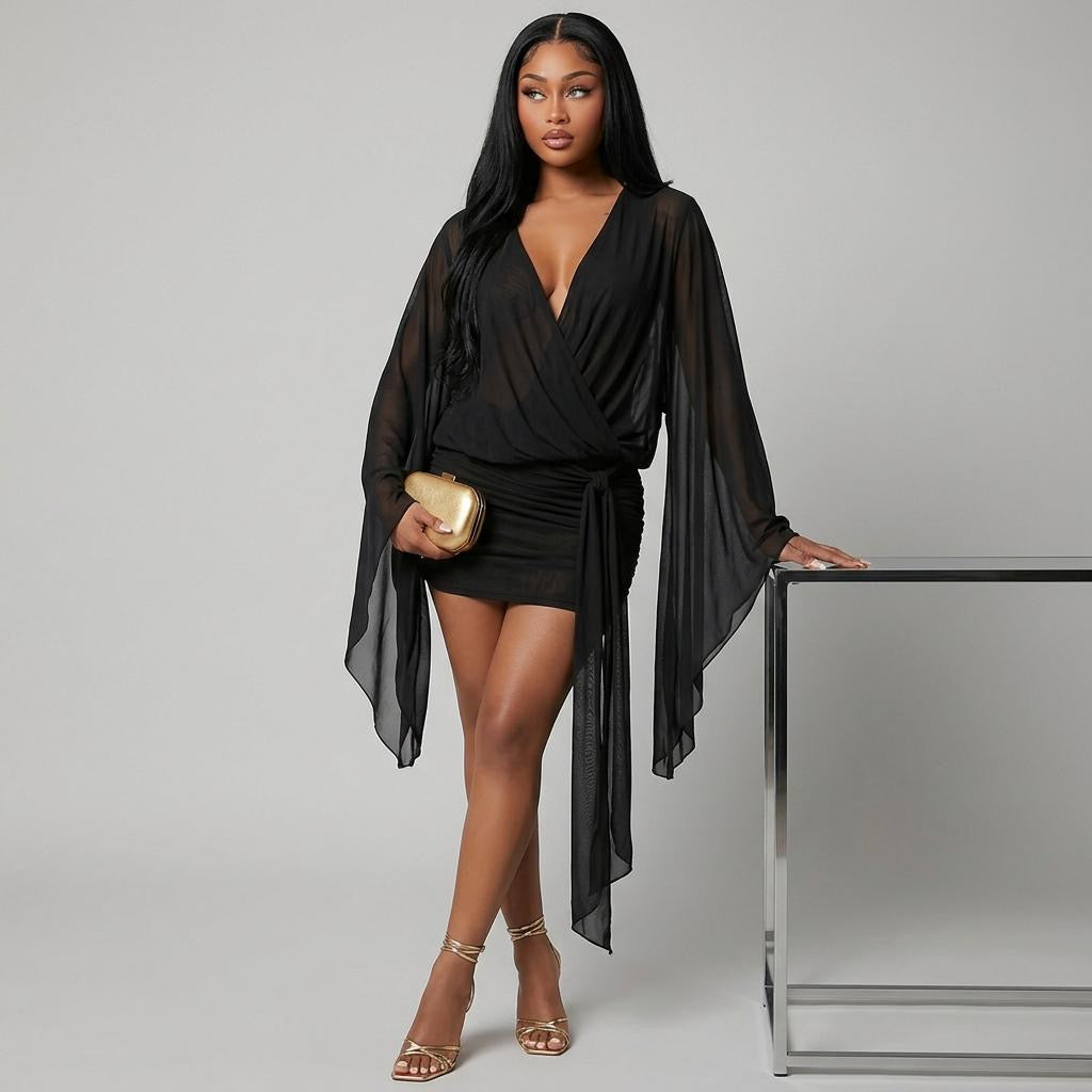 Sexy Mesh Deep V Plunge Neck Slim Mini Dress