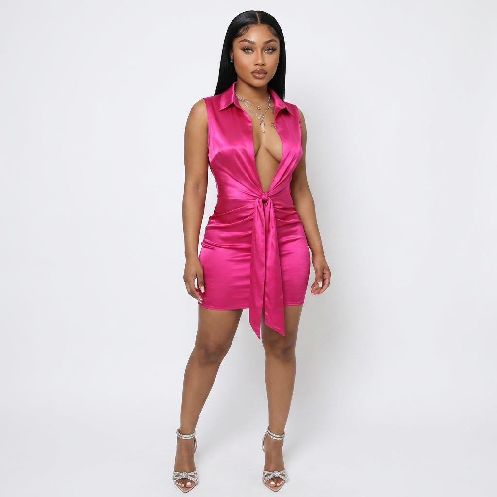 Solid Color Sleeveless Slim Elastic Bandage Glossy Dress