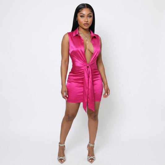 Solid Color Sleeveless Slim Elastic Bandage Glossy Dress
