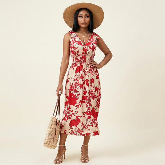 Sleeveless Bow Red Floral Print Dress