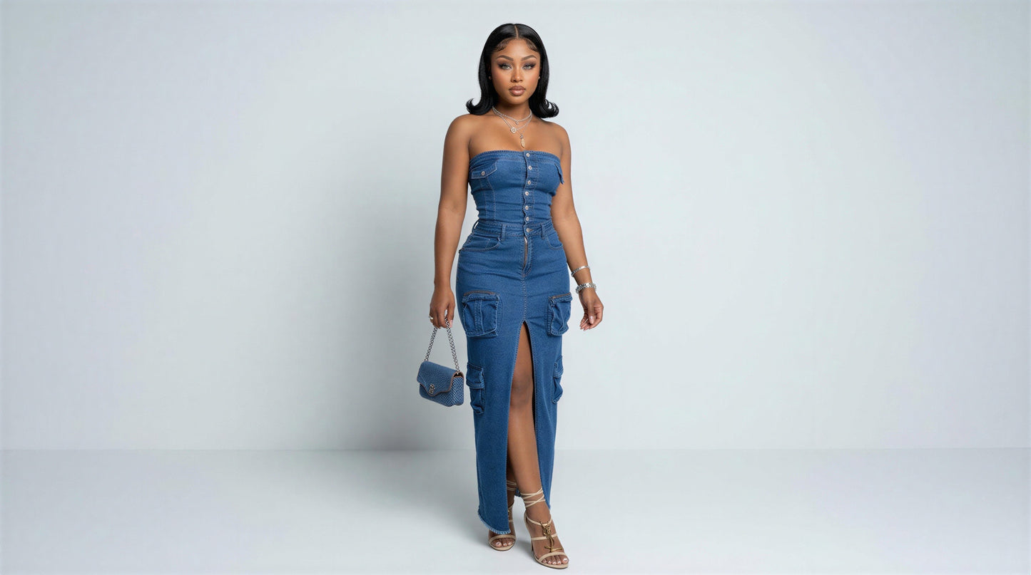 3D Pocket Sexy Bandeau One-Shoulder Bag Denim Dress