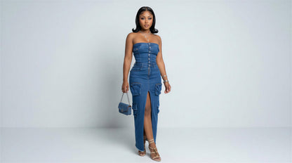 3D Pocket Sexy Bandeau One-Shoulder Bag Denim Dress