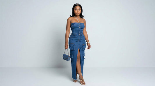 3D Pocket Sexy Bandeau One-Shoulder Bag Denim Dress