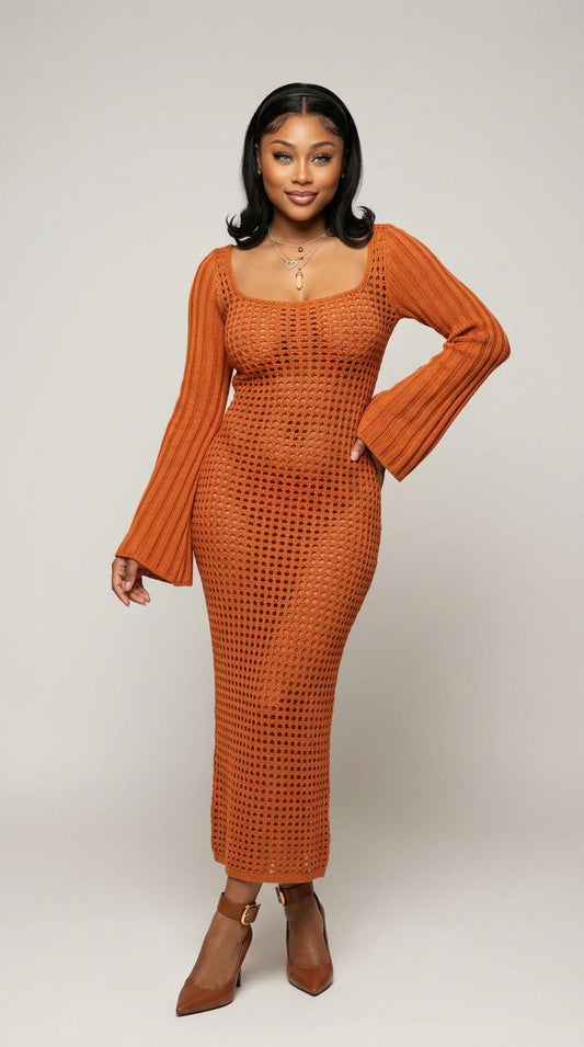 Openwork Square Neck Flare Sleeve Cover-Up Dress
