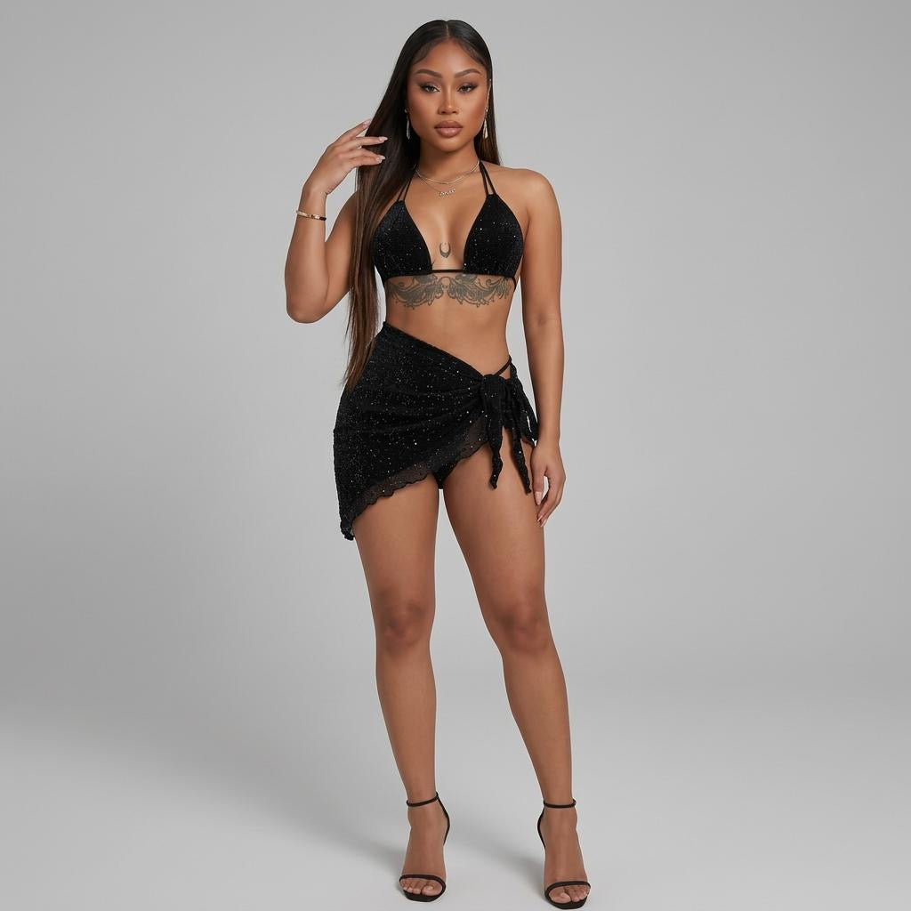 Glitter Halter Neck Backless Three-Piece Swim Set