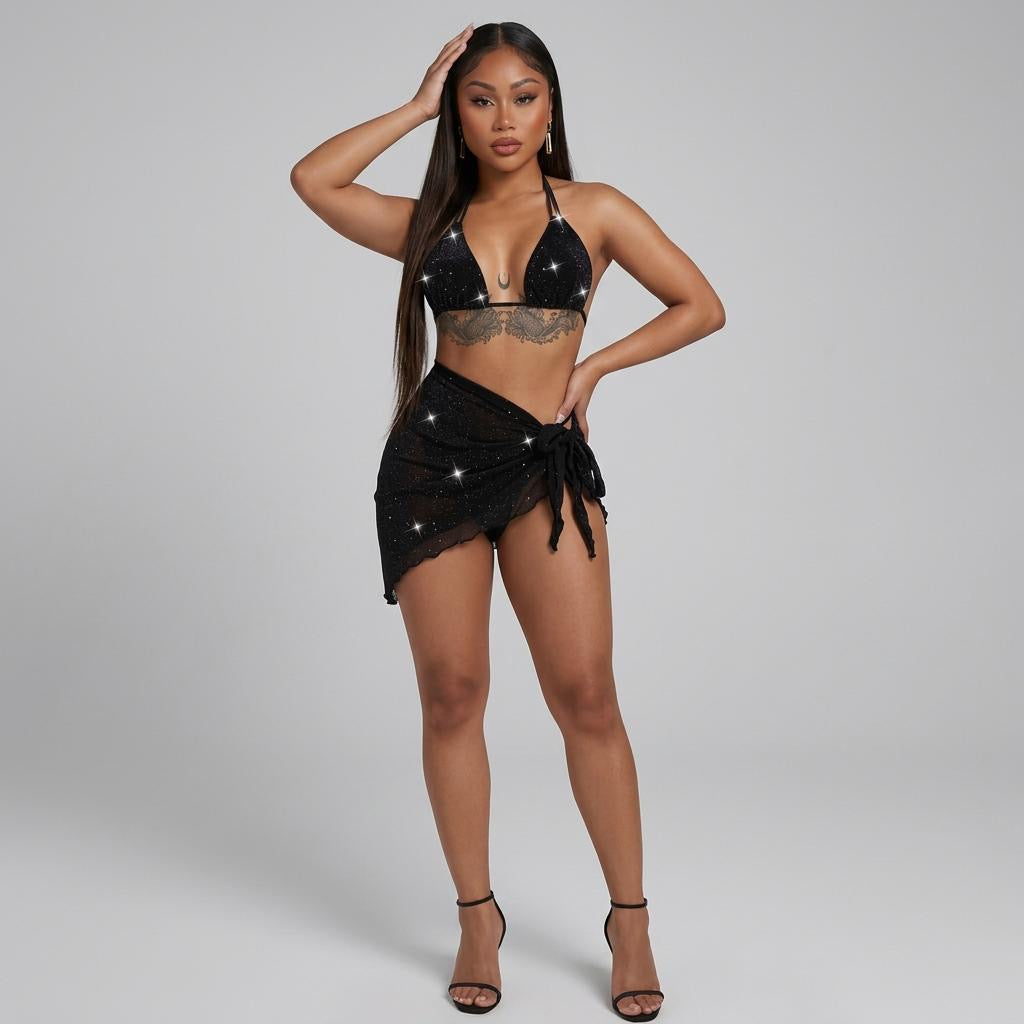Glitter Halter Neck Backless Three-Piece Swim Set
