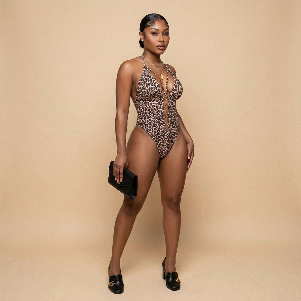 Leopard Cutout Halter Neck One-Piece Swimwear