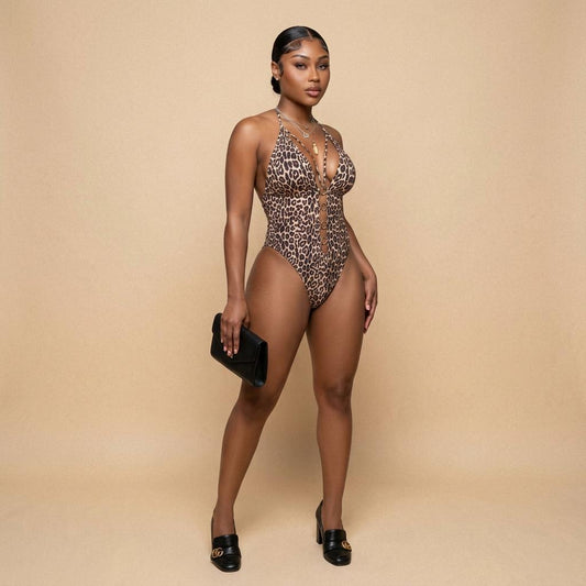 Leopard Cutout Halter Neck One-Piece Swimwear