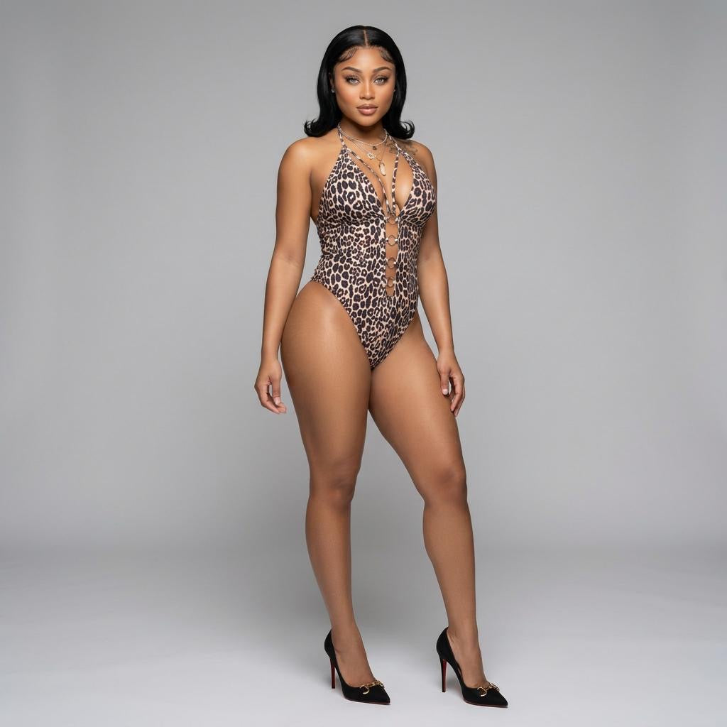 Leopard Cutout Halter Neck One-Piece Swimwear