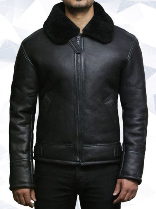 Men Aviator B3 Real Shearling Sheepskin Leather Bomber Flying Pilot Jacket