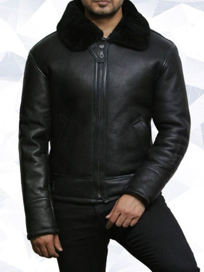 Men Aviator B3 Real Shearling Sheepskin Leather Bomber Flying Pilot Jacket