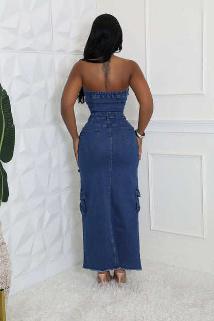 3D Pocket Sexy Bandeau One-Shoulder Bag Denim Dress