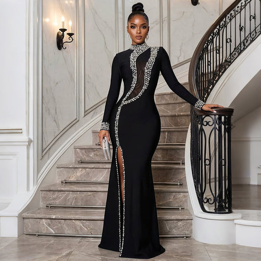 High Collar Long-Sleeved Dress Split Rhinestone