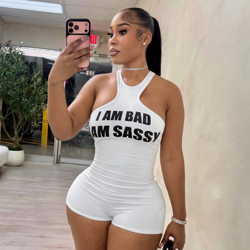 Sexy Letter Graphic Printed Sleeveless Vest Slim Fit Short Romper