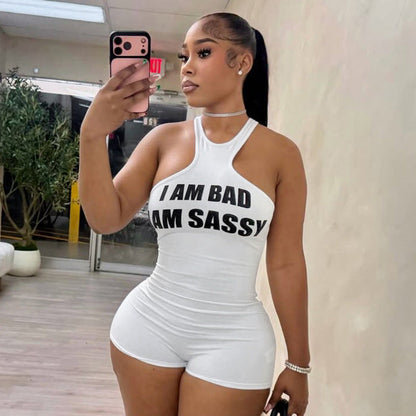 Sexy Letter Graphic Printed Sleeveless Vest Slim Fit Short Romper