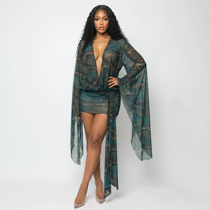 Sexy Mesh Deep V Plunge Neck Slim Mini Dress