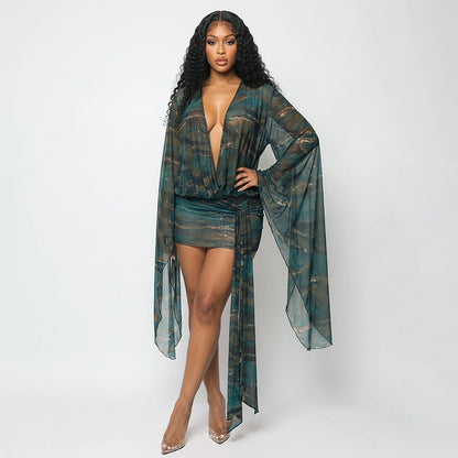 Sexy Mesh Deep V Plunge Neck Slim Mini Dress