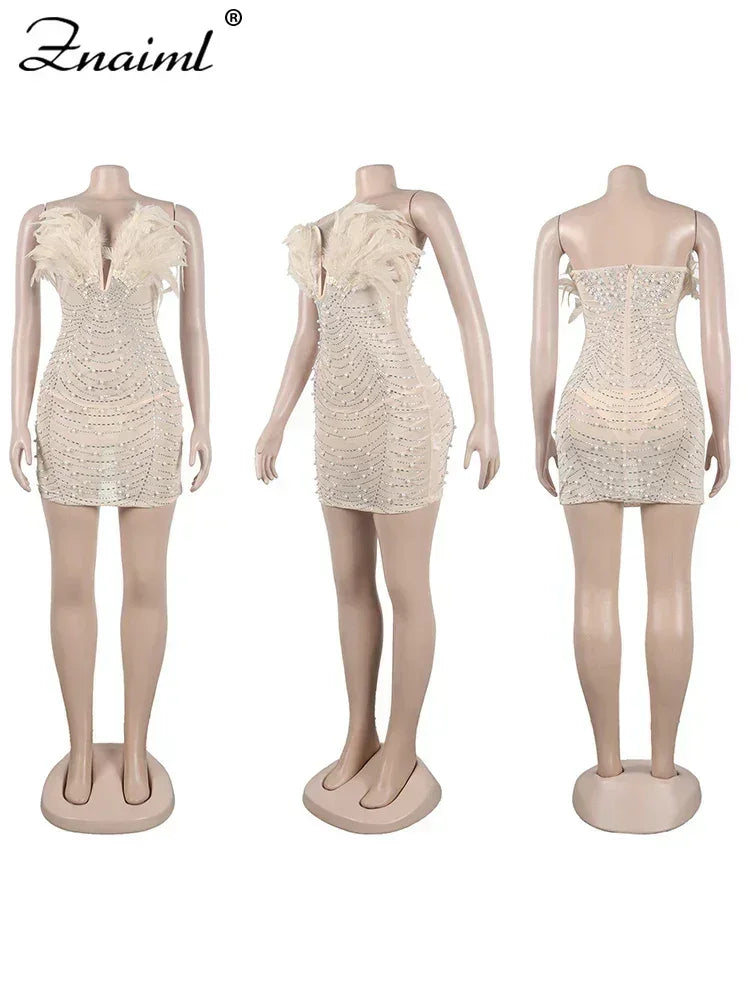 Sexy Feathers Rhinestones Backless Diamond Sheer Mesh Bodycon Dresses