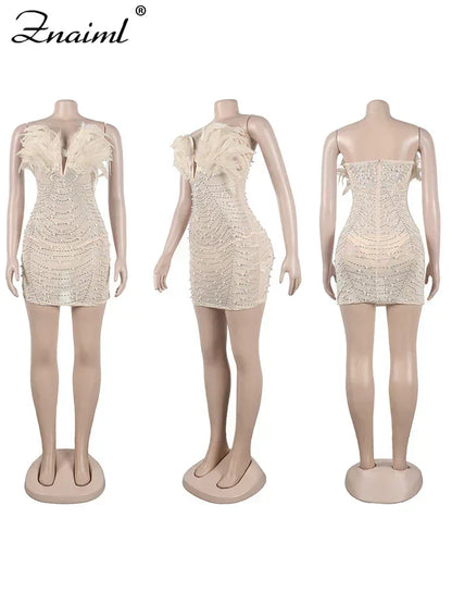 Sexy Feathers Rhinestones Backless Diamond Sheer Mesh Bodycon Dresses