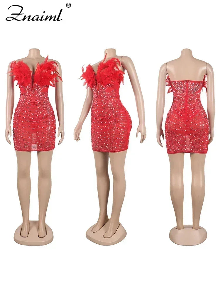Sexy Feathers Rhinestones Backless Diamond Sheer Mesh Bodycon Dresses