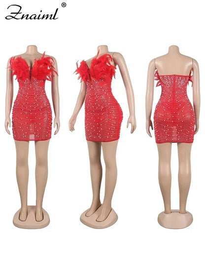 Sexy Feathers Rhinestones Backless Diamond Sheer Mesh Bodycon Dresses