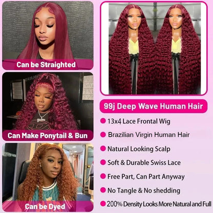 Burgundy 99j Deep Wave Frontal Curly Hd Lace Frontal Human Hair Wig