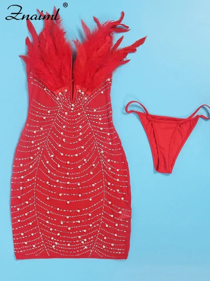 Sexy Feathers Rhinestones Backless Diamond Sheer Mesh Bodycon Dresses
