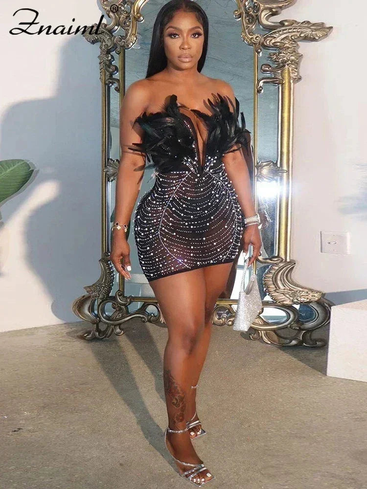 Sexy Feathers Rhinestones Backless Diamond Sheer Mesh Bodycon Dresses