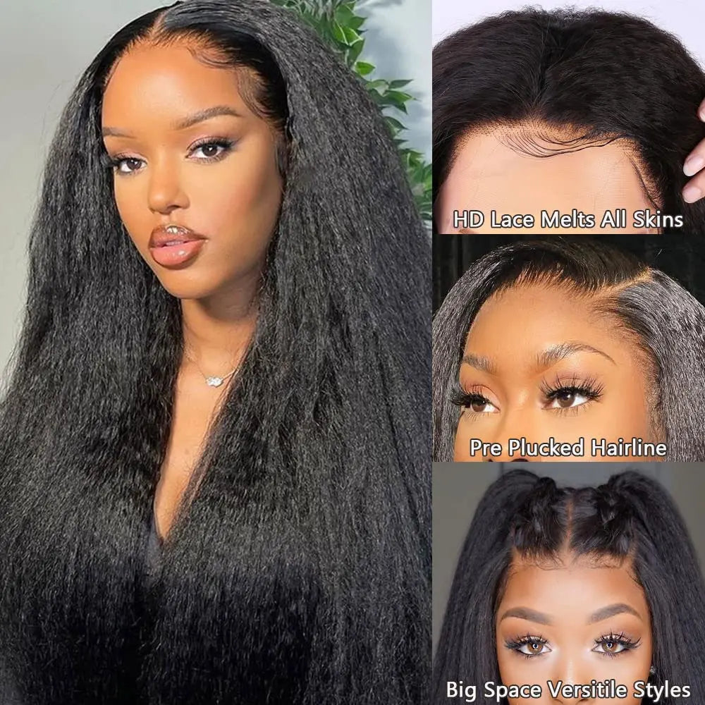 Kinky Straight Pre Plucked Yaki Straight HD Lace Frontal 4C Edges Curly Human Hair Wigs