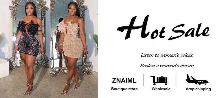 Sexy Feathers Rhinestones Backless Diamond Sheer Mesh Bodycon Dresses