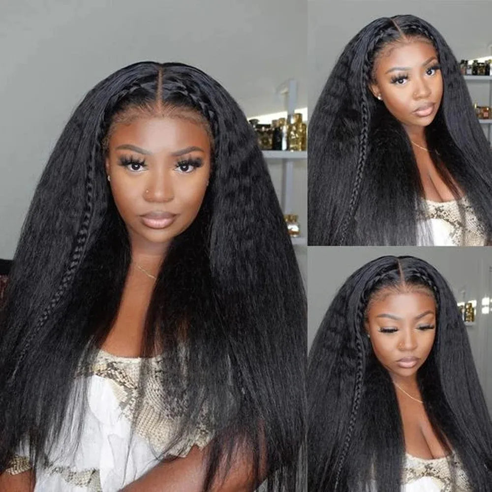 Kinky Straight Pre Plucked Yaki Straight HD Lace Frontal 4C Edges Curly Human Hair Wigs