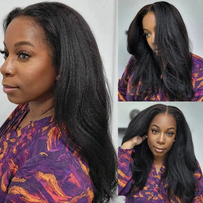 Kinky Straight Pre Plucked Yaki Straight HD Lace Frontal 4C Edges Curly Human Hair Wigs