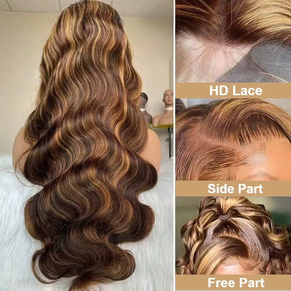 Honey Blonde Ombre Human Hair HD Lace  Body Wave Lace Frontal Wigs