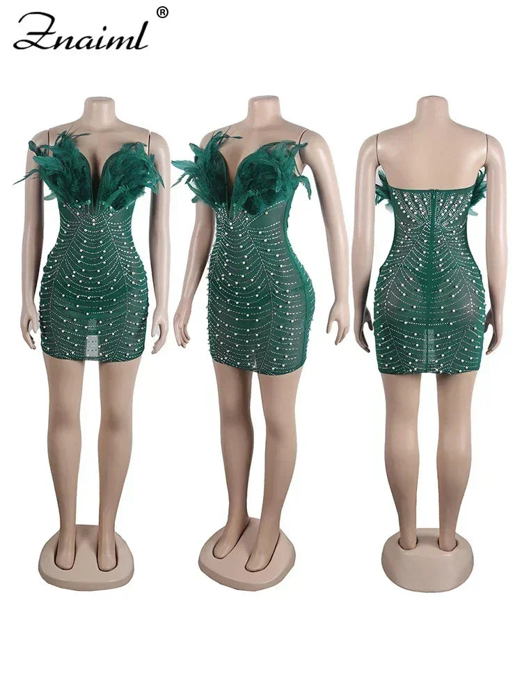 Sexy Feathers Rhinestones Backless Diamond Sheer Mesh Bodycon Dresses
