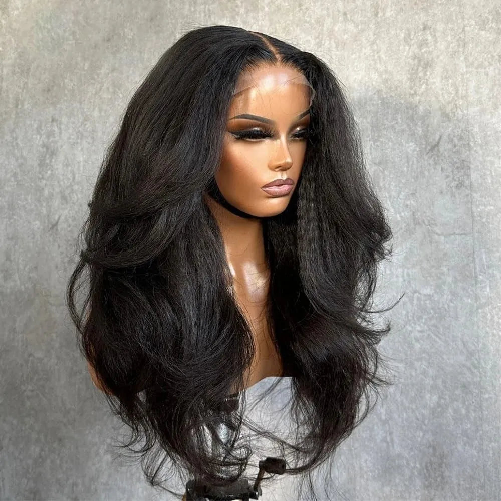 Kinky Straight Pre Plucked Yaki Straight HD Lace Frontal 4C Edges Curly Human Hair Wigs