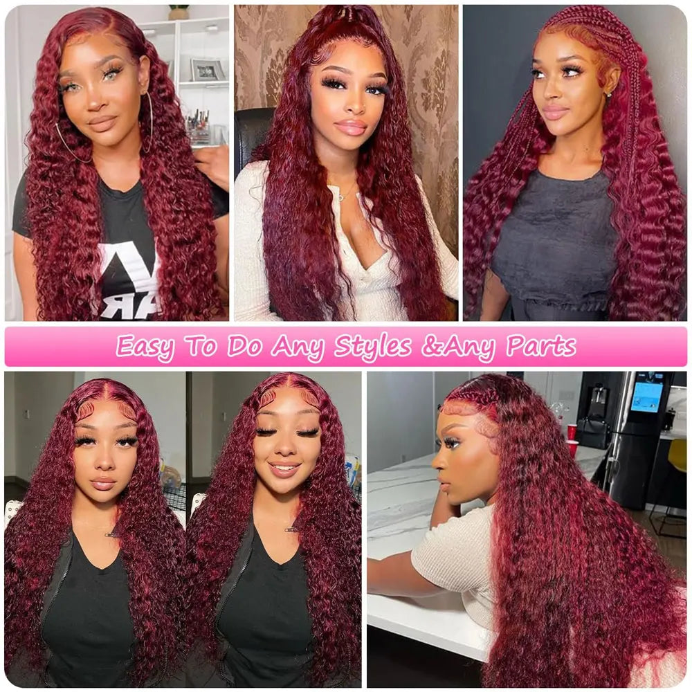 Burgundy 99j Deep Wave Frontal Curly Hd Lace Frontal Human Hair Wig
