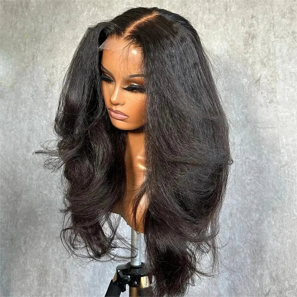 Kinky Straight Pre Plucked Yaki Straight HD Lace Frontal 4C Edges Curly Human Hair Wigs