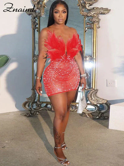 Sexy Feathers Rhinestones Backless Diamond Sheer Mesh Bodycon Dresses