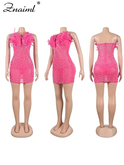 Sexy Feathers Rhinestones Backless Diamond Sheer Mesh Bodycon Dresses