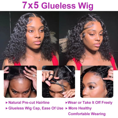 Deep Wave Lace Frontal Wigs 13x4 & 7x5 Glueless Bob Wig Curly Human Hair