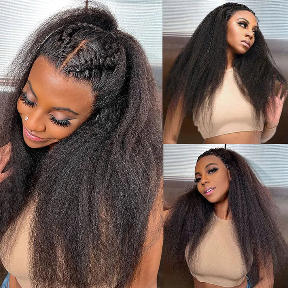 Kinky Straight Pre Plucked Yaki Straight HD Lace Frontal 4C Edges Curly Human Hair Wigs