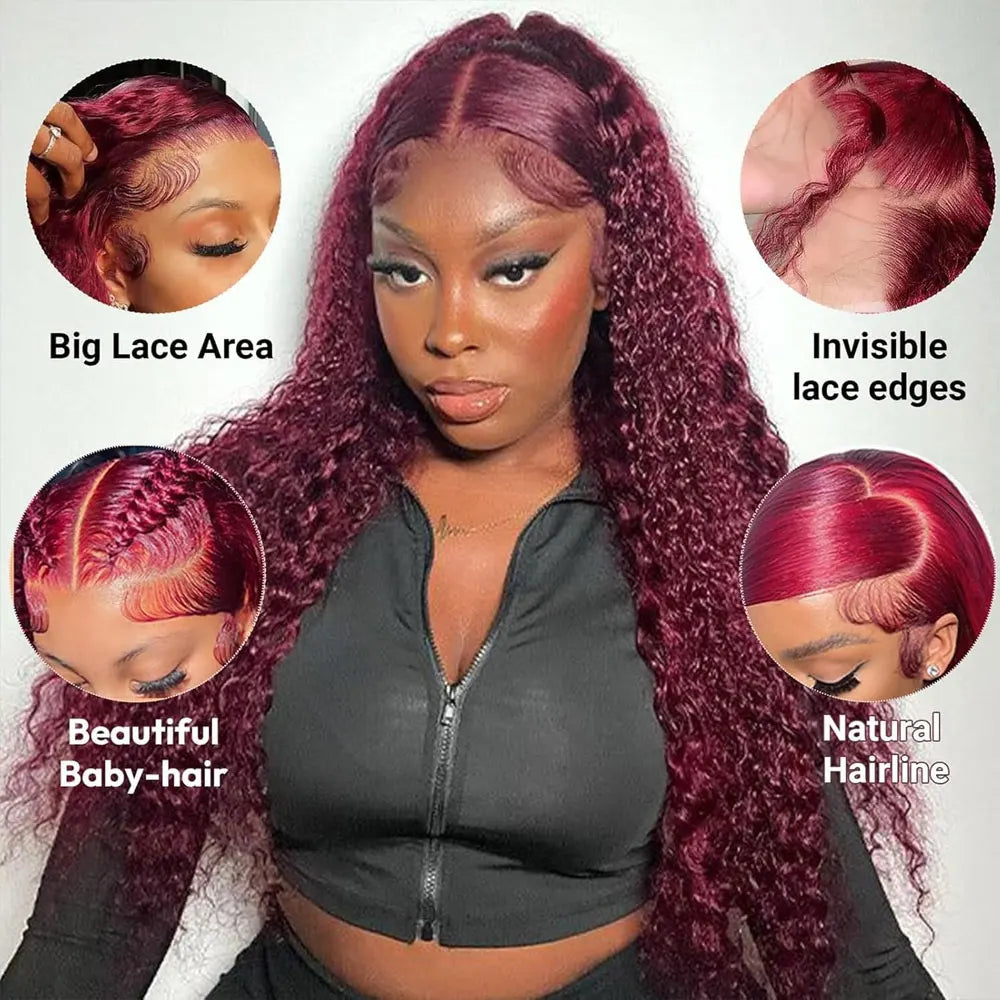 Burgundy 99j Deep Wave Frontal Curly Hd Lace Frontal Human Hair Wig