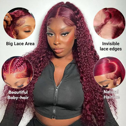 Burgundy 99j Deep Wave Frontal Curly Hd Lace Frontal Human Hair Wig
