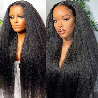 Kinky Straight Pre Plucked Yaki Straight HD Lace Frontal 4C Edges Curly Human Hair Wigs