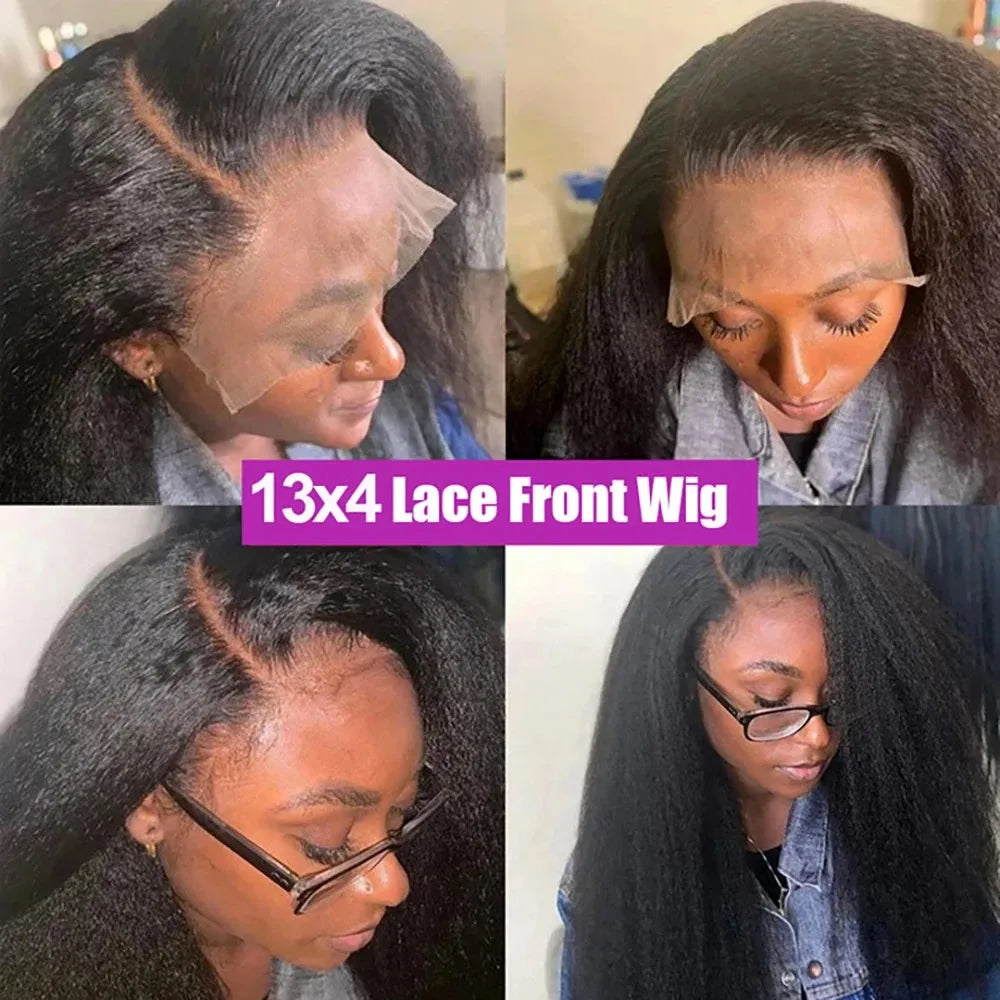 Kinky Straight Pre Plucked Yaki Straight HD Lace Frontal 4C Edges Curly Human Hair Wigs
